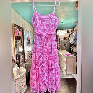Lilly Pulitzer Size 12 Edith Eyelet Midi dress in Soleil Pink Funflower Eyelet